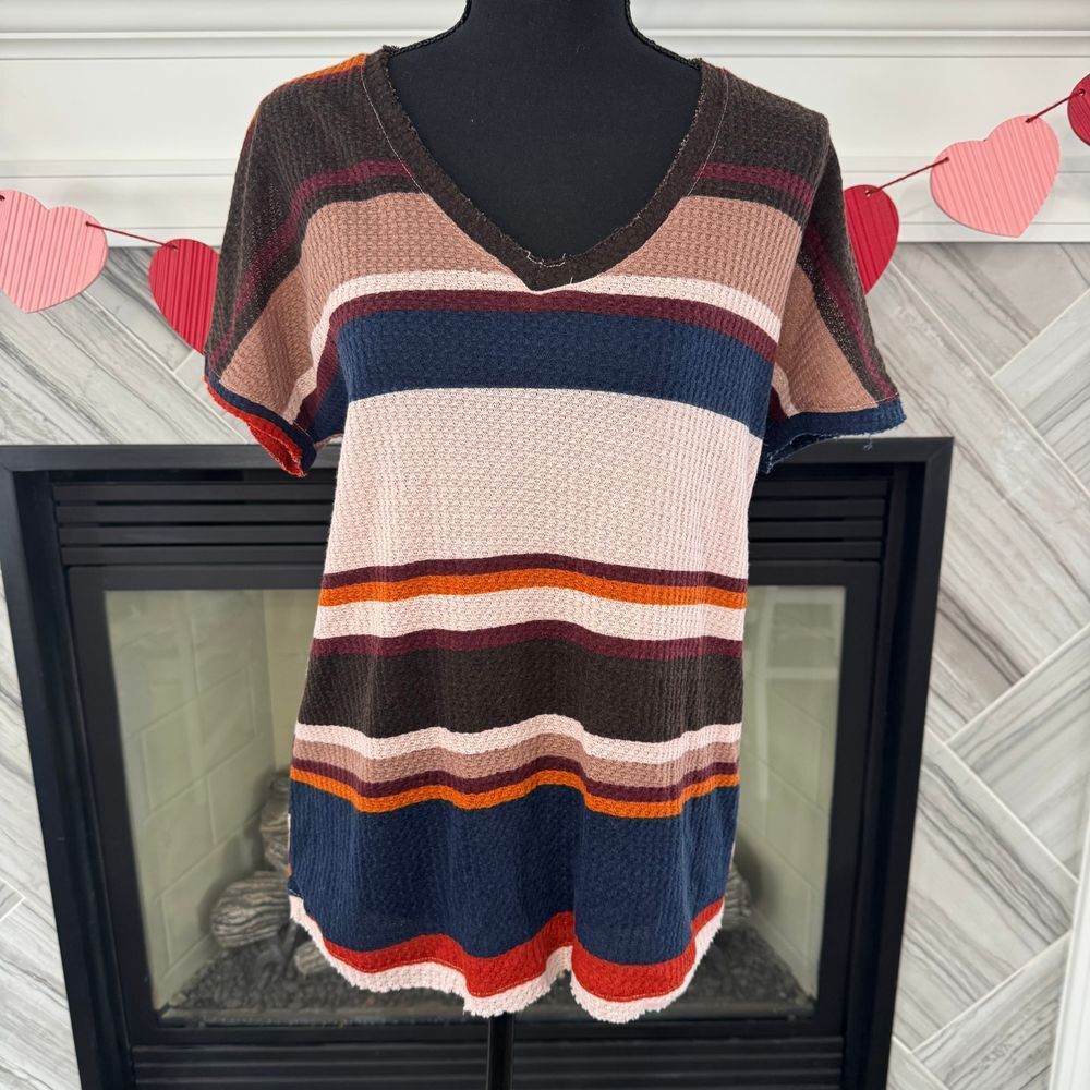 BKE‎ Striped V-Neck Knit Top Multicolor Casual Short Sleeve Small NWT